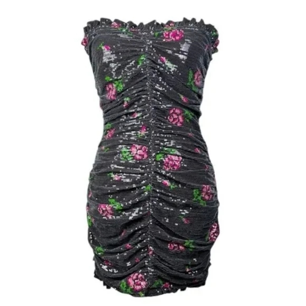 NWT For Love & Lemons Rose Sequin Strapless Ruched Mini Dress L Corset